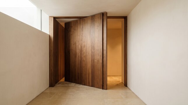 Innovative hallway with pivoting walnut architectural wall