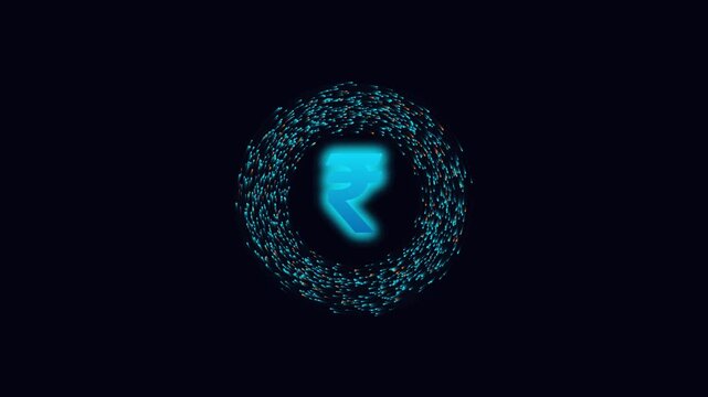 Glowing indian rupee symbol surrounded by dynamic digital particles in dark background.