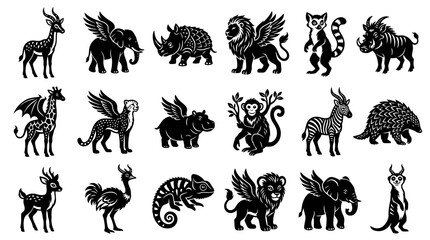 Fototapeta premium Black Glyph Wildlife and Fantasy Animal Icons Set. Stylized Silhouette Collection of Mammals and Creatures.