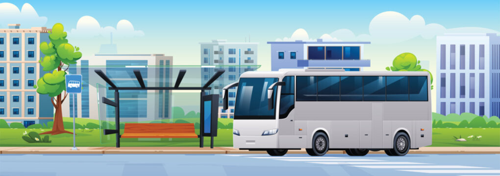 PModern empty bus stop shelter and public passenger coach vehicle on city street. Vector cartoon illustration