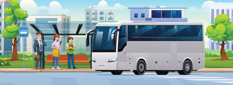 Passengers wait at a modern shelter as a public bus arrives at the city stop. Vector cartoon illustration