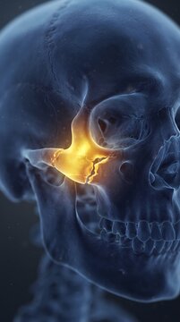 A detailed 3D medical illustration of a human skull showing a fractured cheekbone. The zygomatic bone glows with a bright yellow highlight, emphasizing a traumatic facial injury or fracture for sci...