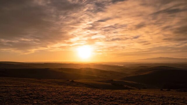 A captivating time-lapse captures the serene beauty of a sunrise over a vast, undulating landscape.