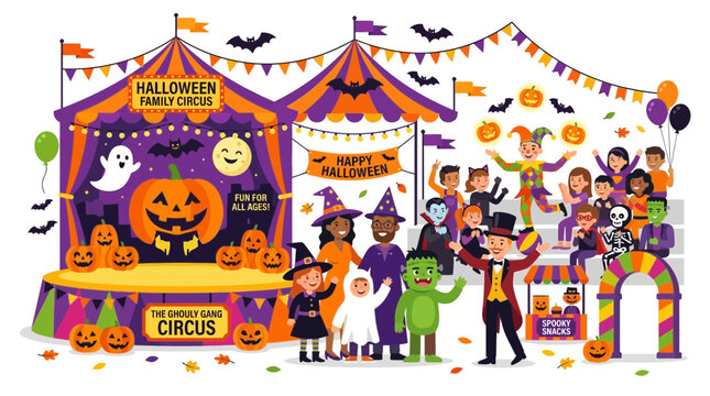 Happy Halloween Family Circus Festival with Costumed People and Pumpkin Decorations
