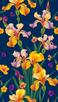 Iris flowers dance across a midnight blue backdrop in this intricate vector pattern, ||dark blue, motif