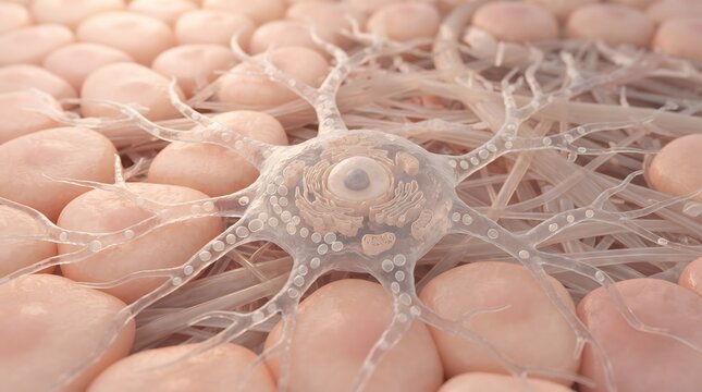 Detailed scientific 3D illustration of a translucent neuron cell displaying its internal organelles, including the nucleus, mitochondria, and endoplasmic reticulum, resting on a background layer of...