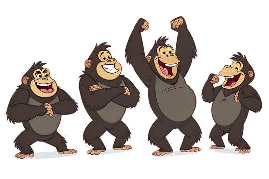 Four happy cartoon gorillas cheering together