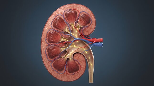 A detailed medical 3D illustration of a human kidney cross-section. The anatomical diagram clearly shows the internal structures including the cortex, renal pyramids, pelvis, major calyx, ureter, a...