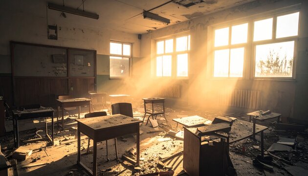 Abandoned classroom with sunbeams streaming through dusty windows, evoking a sense of decay and lost education.