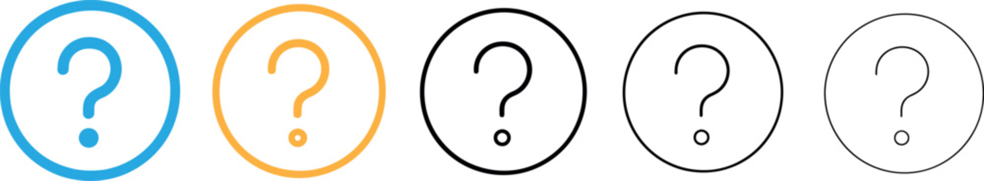 Set of five question mark icons with different line styles and colors on a white background