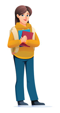Young female student holding notebooks and backpack ready for university campus life. Vector cartoon character illustration
