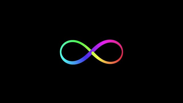 Rainbow infinity symbol glows and loops with light trail effect on black background.