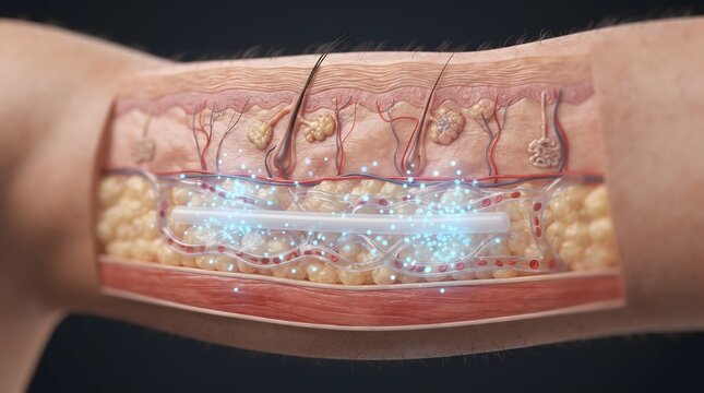 Detailed 3D anatomical model of human skin cross-section with epidermis, dermis, and subcutaneous fat layers. A hormonal contraceptive implant is embedded in the adipose tissue, releasing glowing b...