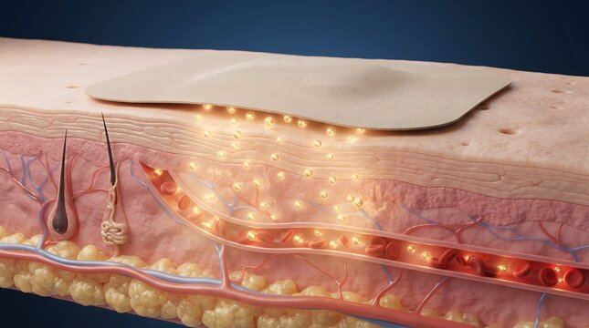 3D medical illustration showing a transdermal patch on human skin layers. The cross-section diagram demonstrates active ingredients diffusing through the epidermis and dermis into the bloodstream c...