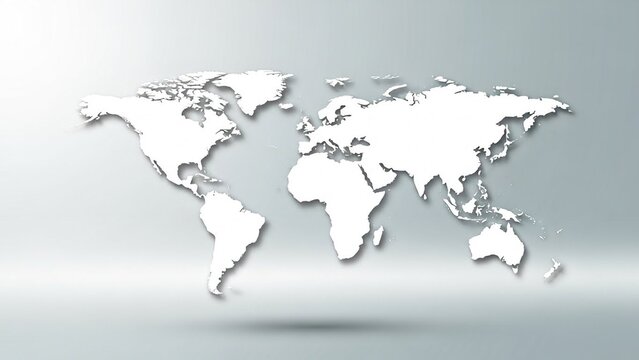 Simple white world map icon with a soft drop shadow on a clean light grey background for global business and travel concept design