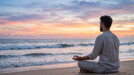 Fototapeta premium Man meditating in lotus position on beach at sunset for mindfulness and wellness concept