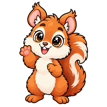 playful cartoon chipmunk standing on hind legs, orange brown and white fluffy fur, large expressive eyes, soft pastel shading
