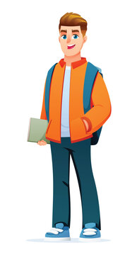 Cheerful student with backpack holding textbook standing confidently. Vector cartoon character illustration