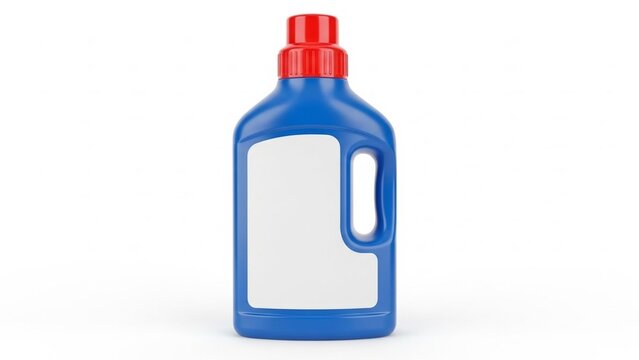 Blue plastic laundry detergent bottle with a blank white label and a red cap for household cleaning supplies and liquid soap packaging