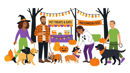 Obraz premium People and Pets Enjoying a Halloween Festival with Treats and Decorations