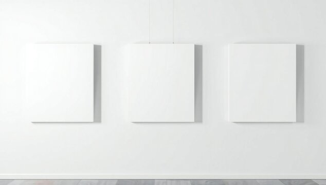 Three blank canvas frames hanging on a clean wall in a gallery
