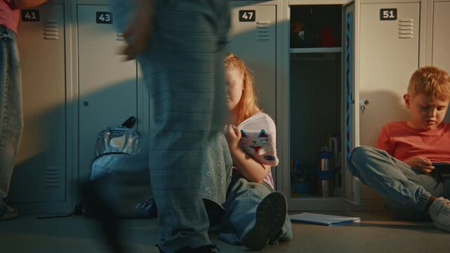 Schoolgirl Sitting on Floor by Row of Lockers, Writing in Diary. Student Chewing Pencil, Lost in Thought of Journaling During School Break. School Lifestyle, Childhood Memories, Creative Imagination.