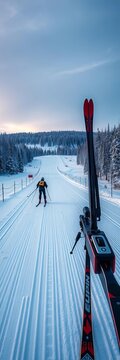 Thrilling biathlon track with cross-country skis and rifles, sports, illustration
