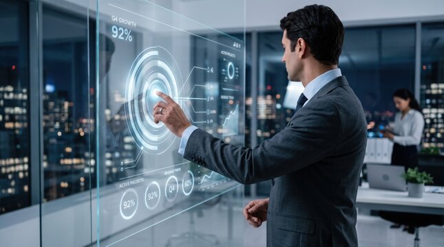 Businessman in suit interacting with futuristic transparent holographic interface screen displaying data charts, Q4 growth statistics, financial reports, touching virtual buttons