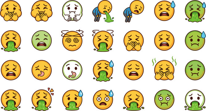 Sick and vomiting emoji sticker icon set vector illustration featuring cute cartoon faces expressing nausea dizziness food poisoning and hangover symptoms