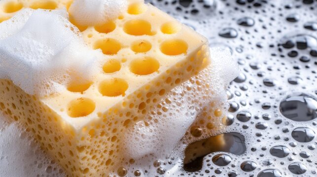 Close-Up View of a Yellow Cleaning Sponge Covered in Soapy Bubbles on a Black Surface