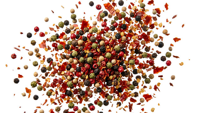 Isolated mix of black peppercorns and red chili flakes scattered on transparent background for spice design
