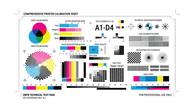 Comprehensive printer calibration sheet with CMYK color mixing charts technical registration marks and test elements isolated vector vector