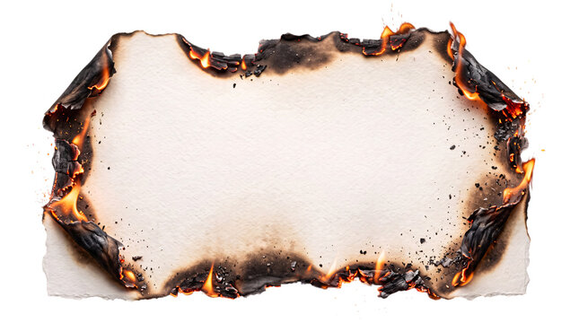 Blank paper sheet with jagged burning edges and isolated on png transparent background