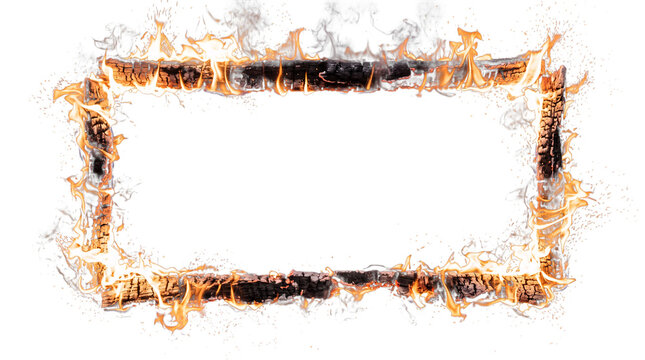 Burning rectangular frame of wood logs with flames isolated on png transparent background