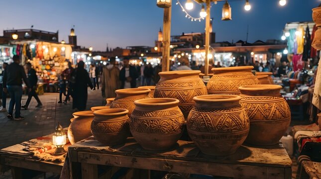 Traditional handcrafted clay pottery displayed on a wooden table at an evening street market with blurred crowd in background