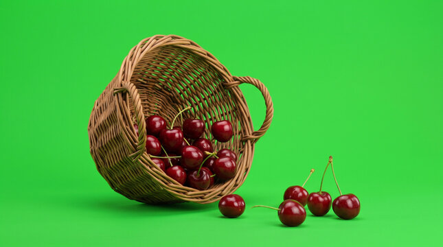 Cherries in basket on green screen background