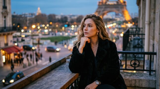 Young woman standing on a balcony at night looking at the eiffel tower and the beautiful city lights of paris france
