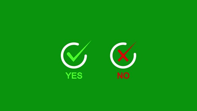 Animated pop-up green check mark and red cross X symbol on a green background, Video footage of yes or no and true or false with tick & close sign.