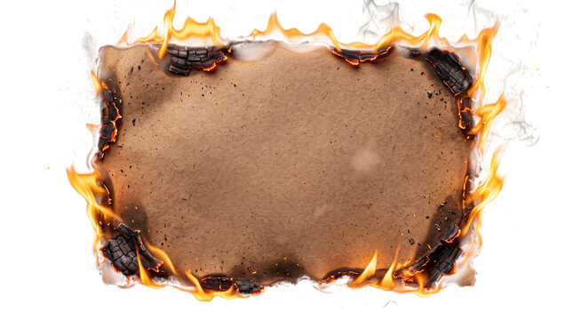 Textured brown paper burning with intense flames isolated on png transparent background