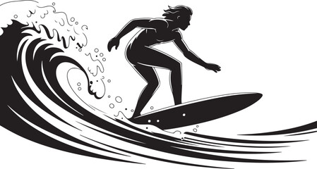 Fototapeta premium Black silhouette of a surfer riding a wave with water splashes