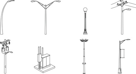Fototapeta premium Outdoor Street Lamp Line Art Collection with Modern, Vintage, Utility, and Solar Lighting Poles