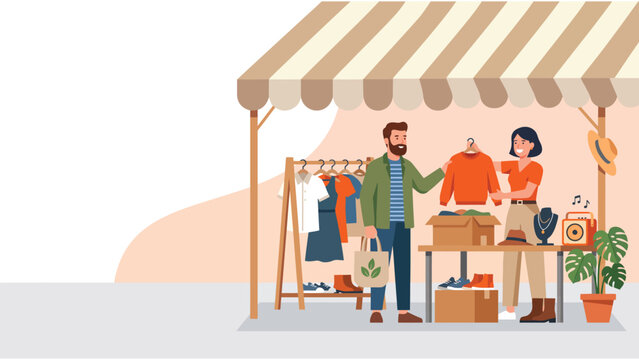 Outdoor boutique market stall with vendors selling clothing and accessories.