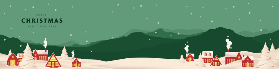 Fototapeta premium Green Merry christmas and happy new year greeting card banner paper art style with snowy winter landscape red village and forest scene for holiday celebration and festive background