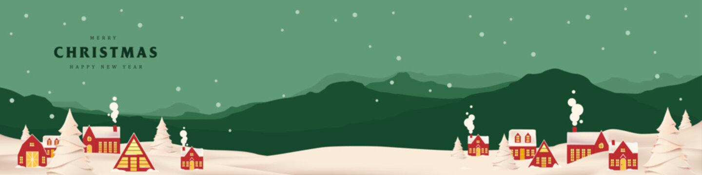 Green Merry christmas and happy new year greeting card banner paper art style with  snowy winter landscape red village and forest scene for holiday celebration and festive background