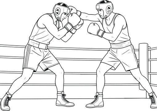 Black and white line art illustration of two professional boxers sparring in a ring with sparring training athletes competition exercise headgear