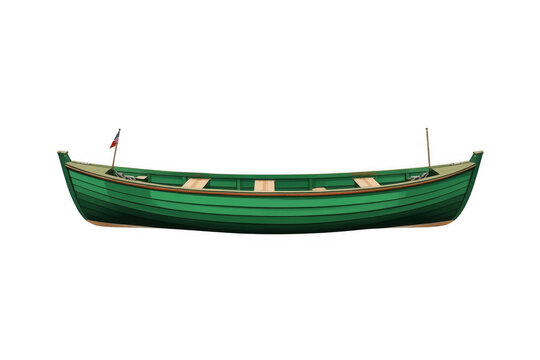 Green wooden dory rowboat with flag on transparent background