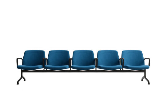 Row of blue public waiting chairs on transparent background