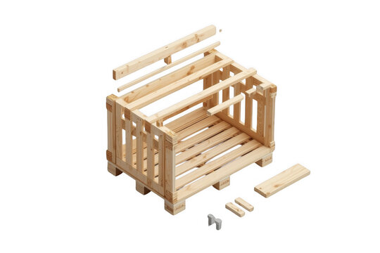 Wooden crate assembly process on transparent background
