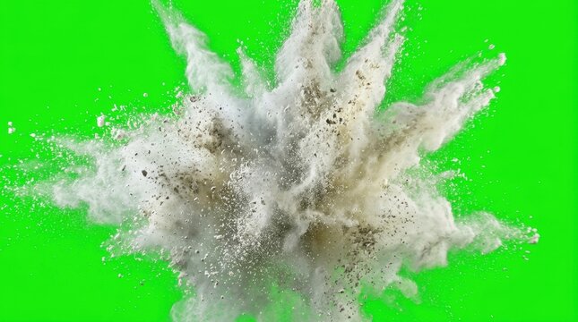 White powder explosion with debris on green screen background