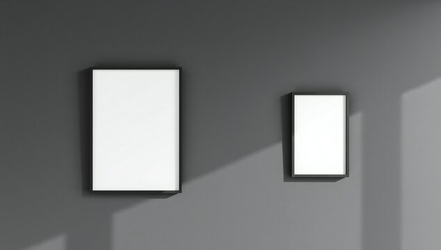 Two blank vertical picture frames hanging on a dark grey wall with soft sunlight shadows